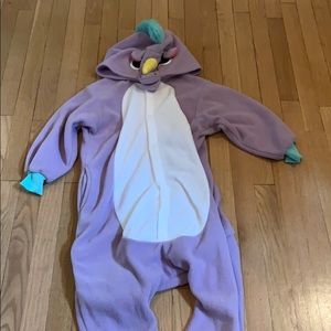 Purple unicorn onesie.
